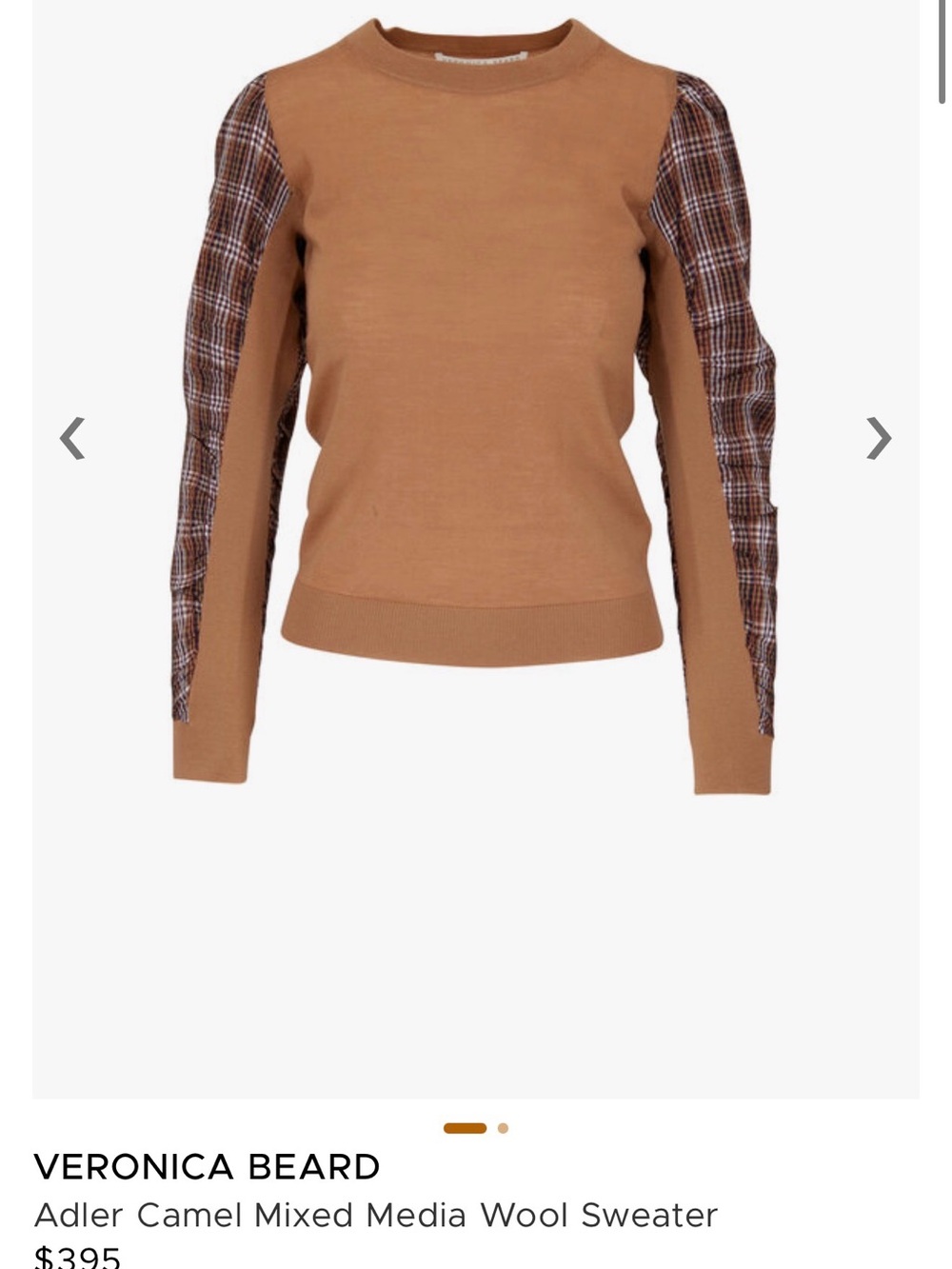 Veronica Beard Camel Crew Sweater with Plaid Contrast Sleeves
